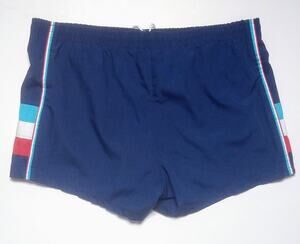VINTAGE 80s Jantzen Swim Shorts Trunks 36 Mens Blue Logo Stripe Made in USA 70s